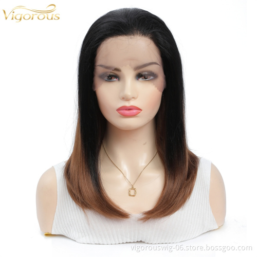 Vigorous bob short high quality natural ombre brown heat resistant synthetic transparent lace front wigs for white women